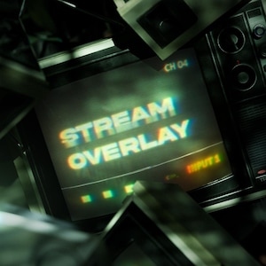 May include: A close-up of a retro television screen showing the words "STREAM OVERLAY" in a colourful, glitch-style font. The screen is surrounded by dark, vintage electronic components, with the text "CH 04" and "INPUT 1" visible.