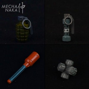 May include: Four different types of grenades, including a green pineapple grenade, a gray grenade with a ring pull, a brown and blue grenade, and a gray grenade with four arms.