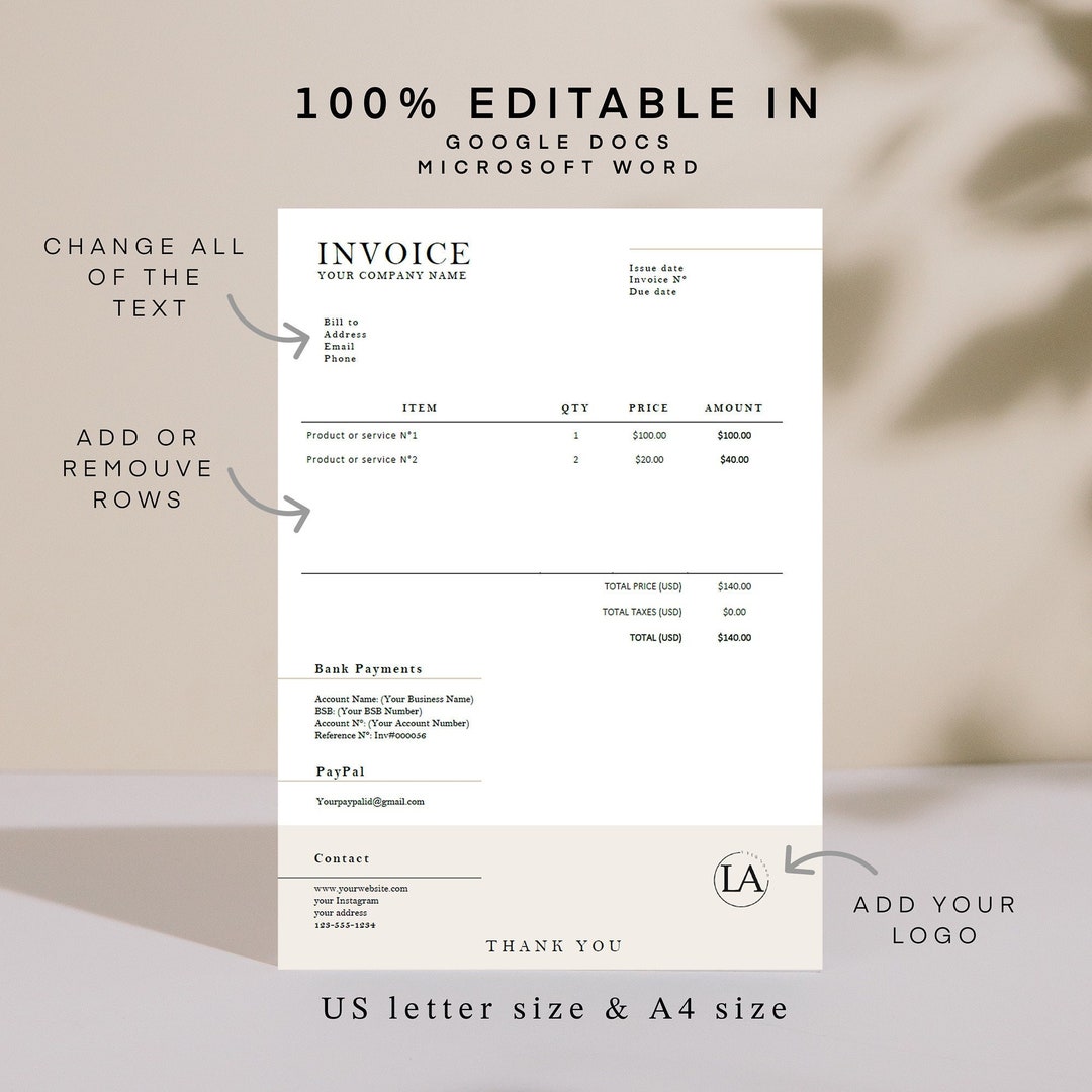 Invoice Template Editable Small Business - Etsy