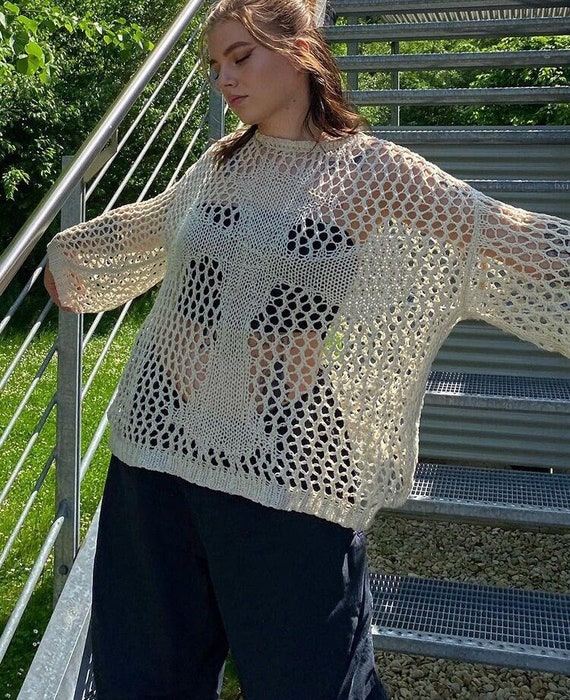 Woman Cropped Crochet Cut Out Sweater Hand Knit Long Sleeve - Etsy