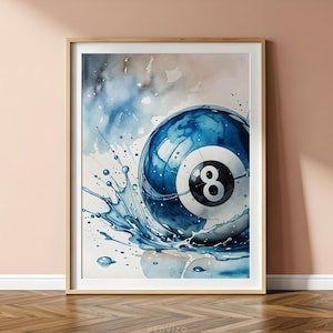 Wandkunst, Zauberhaftes 8 Ball Blaues Aquarell, Wohnzimmer Wandbild, Blaues Pool Ball Poster, Trendiges 8 Ball Plakat