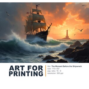 The Moment Before the Shipwreck – Dramatic Lighthouse Sunset Seascape, Sailing Ship Wall Art Print, Nautical Ocean Decor
