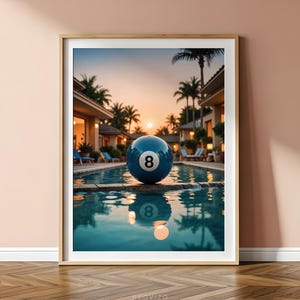 Wandkunst, Zauberhafte 8 Ball und Sonnenuntergang, Wohnzimmer Wandbild, Blaue Pool Ball Poster, Trendige Wandbild 8 Ball