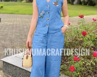 Embroidered Cotton Slub Kurti Pant Set: Indian Co-ord Casual Wear