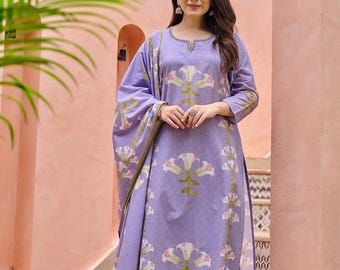 Indian Designer Kurti Pant with Dupatta Set for Women, 3piec Cotton Suit Set, Traditional Ethnic Wear, Wedding Salwar kameez, Diwali Suits