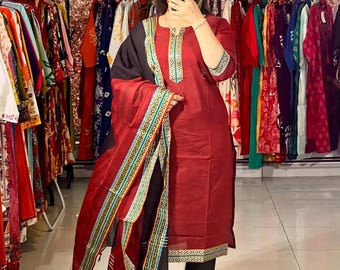 Indian Designer Silk Kurti Pant with Dupatta Set for Women, 3pc Silk Suit Set, Traditional Ethnic Wear, Pakistani style Wedding Pant kameez
