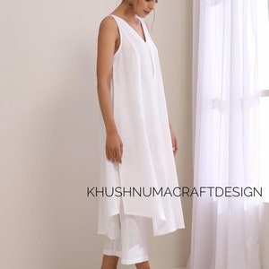 Indische weiße lange Tunika Kurti Hose Set für Frauen, 2-teilige Freizeitkleidung, pakistanische Design-Anzug Set, Ethinic Co-ord Set, bereit zu tragen