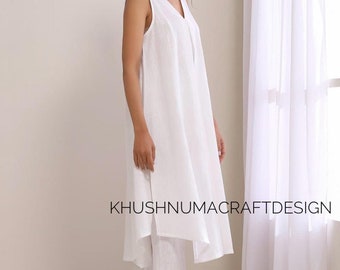 Indian White Long Tunic Kurti Pant Co-ord Set for Women’s, 2piece Casual Wear, Pakistani Design Suit Set, Ethinic Co-ord Set, Ready to Wear