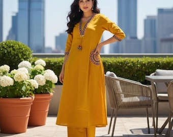 Designer Embroidered Cotton Kurta Palazzo Set, Indian Ethnic Wear Kurti with Pocket for women