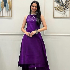 Women Purple Kurta Palazzo Set, Indian Designer Embroidered 2 piece Set, Eid party Wear Suit, Sleeveless Mirror Work Kurti Palazzo, Eid Suit