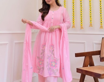 Indian Designer Kurti Pant with Dupatta Set for Women, 3piec Cotton Suit Set, Traditional Ethnic Wear, Pakistani style Wedding Salwar kameez