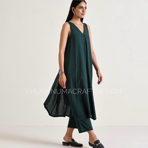 Indische grüne lange Tunika Kurti Hose Cord Set für Damen, 2-teilige Freizeitkleidung, pakistanische Design-Anzugset, Ethinic Party Wear, Baumwolle-Koord-Set