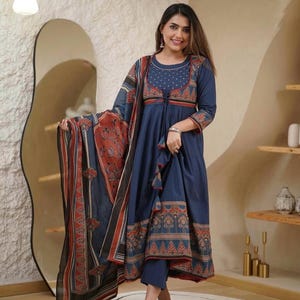 Womens Traditional Anarkali Kurti Pant with Dupatta Set, Indian Designer Salwar Kameez , Ethnic 3 piece Salwar Kameez , Readymade Eid Wear
