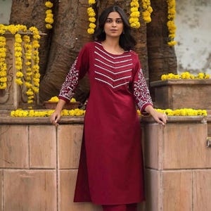 Designer bestickte Kurta Hose Set, indische ethnische Kleidung Kurti Hose Co-Ord Set für Damen, 2-teilige Freizeitkleidung, pakistanische Designklage