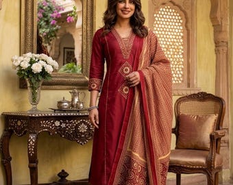 Red Salwar Kameez Set with Dupatta | Maroon Kurta Palazzo Suit | Indian Wedding Guest Dress | Handwork Ethnic Wear | Festive Diwali Outfit