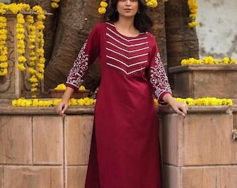 Embroidered Cotton Kurta Pant Set: Indian Ethnic Co-ord Suit