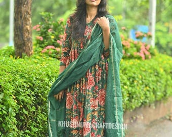 Floral Anarkali Kurta Hose Dupatta Set, Ethinic Baumwolle 3-teiliger Anzug