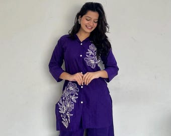 Embroidered Cotton Kurti Palazzo Set, Indian Ethnic Co-ord