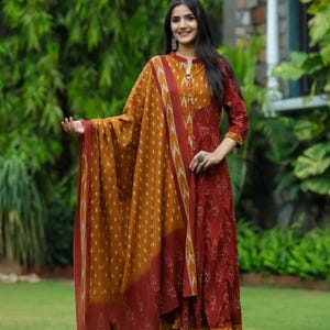 Women&#39;s Traditional Anarkali Kurti Pant with Dupatta Set, Indian Designer Salwar Kameez, Ethnic 3 piece Salwar Kameez, Readymade Eid Dress