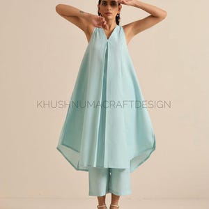 Indian Sky Blue Long Tunic Kurti Pant Cord Set for Women’s, 2piece Casual Wear, Pakistani Design Suit Set, Ethinic Party Wear, cotton kurti