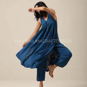 Indische königsblaue lange Tunika Kurti Hose Co-ord Set für Frauen, 2-teilige Freizeitkleidung, pakistanische Designklage Set, Premium Baumwolle Co-ord Set