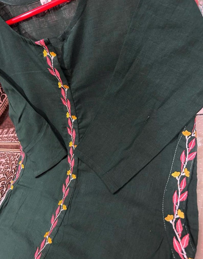 Womens Traditional Green Kurti Pant with Dupatta Set, Indian Designer Salwar Kameez, Ethnic 3 piece Salwar Kameez, Readymade Women's Wear image 6
