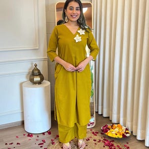 Women’s Mustard Color Co-ord Set, Indian Designer Kurti Pant, Embroidered Co-ord Set, 2piece Casual Wear, Punjabi Suit, Ethnic Kurta Pant