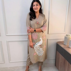 Beige Color Indian Embroidered Kurti Pant Set for Women’s, 2piece Casual Wear, Pakistani Design Suit Set, Ethinic Party Wear, Ready to Wear