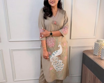Beige Embroidered Kurti Pant Set: Indian Cotton Suit