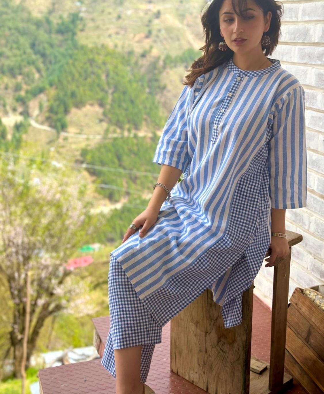 Robe Tunique Kurti Indienne Pour Femme - Style Asiatique - Bleu Cloche - Manches Courtes - Taille XL