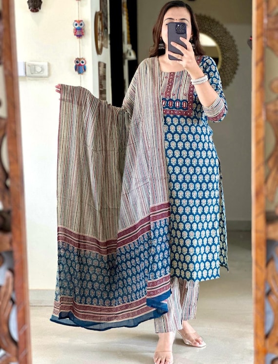 Embroidered Cotton Salwar Suit Set, Indian Partywear Dress