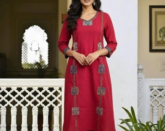 Designer Pink Embroidered Cotton Kurta Palazzo Set, Indian Ethnic Wear Kurti for women, New Year Gift for her