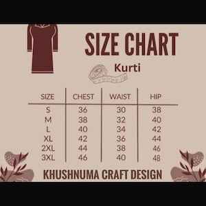 K&ouml;nnte beinhalten: Gr&ouml;&szlig;entabelle f&uuml;r Kurti-Kleidung mit Brust-, Taillen- und H&uuml;ftma&szlig;en in Zentimetern, von S bis 3XL. Der Text "KHUSHNUMA CRAFT DESIGN" ist ebenfalls enthalten.