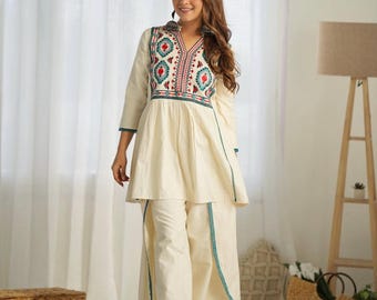 Designer Embroidered Kurta Palazzo set, Indian Ethnic Wear Kurti Pant Co-ord Set for Women’s, 2piece Casual Wear, Pakistani Design Suit Set
