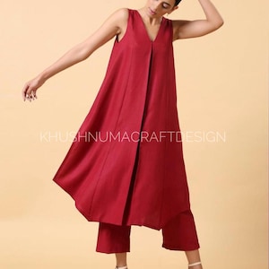 Frauen rote lange Tunika Kurti Hose Set, 2-teilige Casual Wear, pakistanische Design Anzug Set, Ethinic Party Wear, Baumwolle kurti, Co-ord Set für Frauen