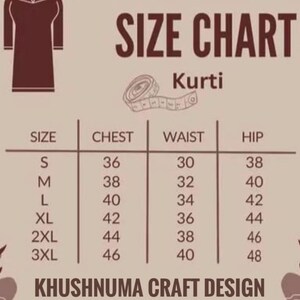 May include: Size chart for a Kurti, a type of Indian tunic, with measurements in inches for chest, waist, and hip. Sizes include S, M, L, XL, 2XL, and 3XL.