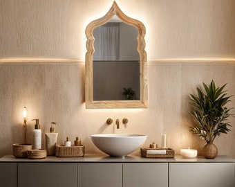 Miroir mural marocain en bois de 90 cm de large | Décoration murale décorative orientale pour salon, chambre et salle de bain, miroir de salle de bain Aastha