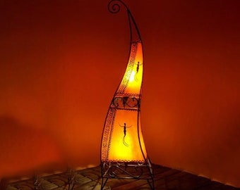 Orient Hennalampe Tischlampe Marrakesch Orange 100cm Lederlampe | Marokkanische Leuchte, Lampenschirm aus Leder | Orientalische Beleuchtung