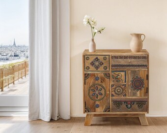 Commode exquise avec tiroirs en bois colorés 68 cm | Commode à tiroirs décorative orientale, table de chevet, rangement incrusté, salon décoratif