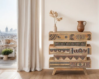 Exquisite chest of drawers made of wood, colorful, 64 cm tall | Oriental decoration chest of drawers, bedside table, inlays, storage and decoration