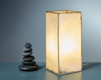 Asiatische Tischlampe Janka Beige-Natur 30 cm Lederlampe | Marokkanische Leuchte, Lampenschirm aus Leder | Orientalische Beleuchtung