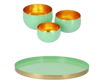 Marrakesch 4er Set Frühlingsdeko Geschenkset für Frauen/Männer Mint grün | Tablett Serviertablett rund 3x Teelichthalter | Windlichter Set