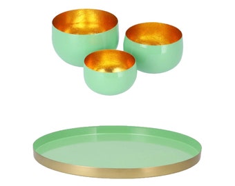 Marrakech Lot de 4 coffrets cadeaux de décoration printanière pour femme/homme Vert menthe | Plateau plateau de service rond 3x photophores | Ensemble de lanternes