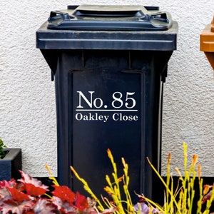 Custom Wheelie Bin Stickers | Traditional Font House Number & Address | Waterproof Vinyl Decal | Set of 2, 3 or 4