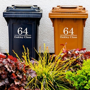 Custom Wheelie Bin Stickers | House Number & Address In Traditional Font | Waterproof Home Improvement Vinyl Decals | Set of 2, 3 or 4