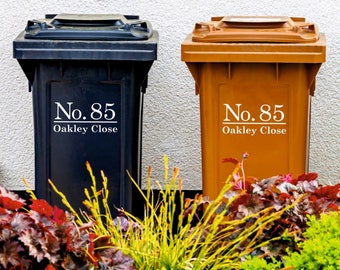 Custom Wheelie Bin Stickers | Traditional Font House Number & Address | Waterproof Vinyl Decal | Set of 2, 3 or 4