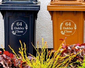 Personalized Garbage Bin Stickers | House Number & Street Name Floral Wreath | Waterproof Trash Can Decal