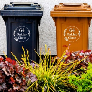 Aangepaste stickers op afvalcontainers | Huisnummer en adres in bloemenkrans | Vinylstickers afvalcontainer voor woninginrichting | Set van 1, 2, 3 of 4 inch