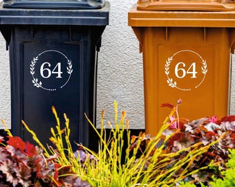 Custom Wheelie Bin Stickers | House Number In Floral Wreath | Waterproof Bin Numbers Multipack 2-4