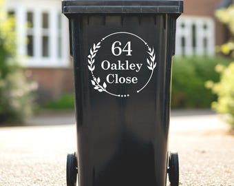 Custom Wheelie Bin Stickers | House Number & Address Floral Wreath | Waterproof Vinyl Decal Bin Numbers
